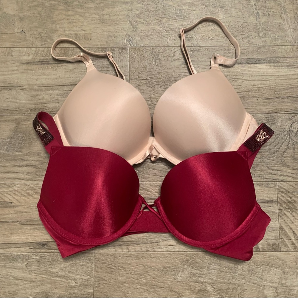 Victoria Secret 2 Satin Bombshell Plunge Bras Rhinestone Logo Strap - Picture 15 of 15